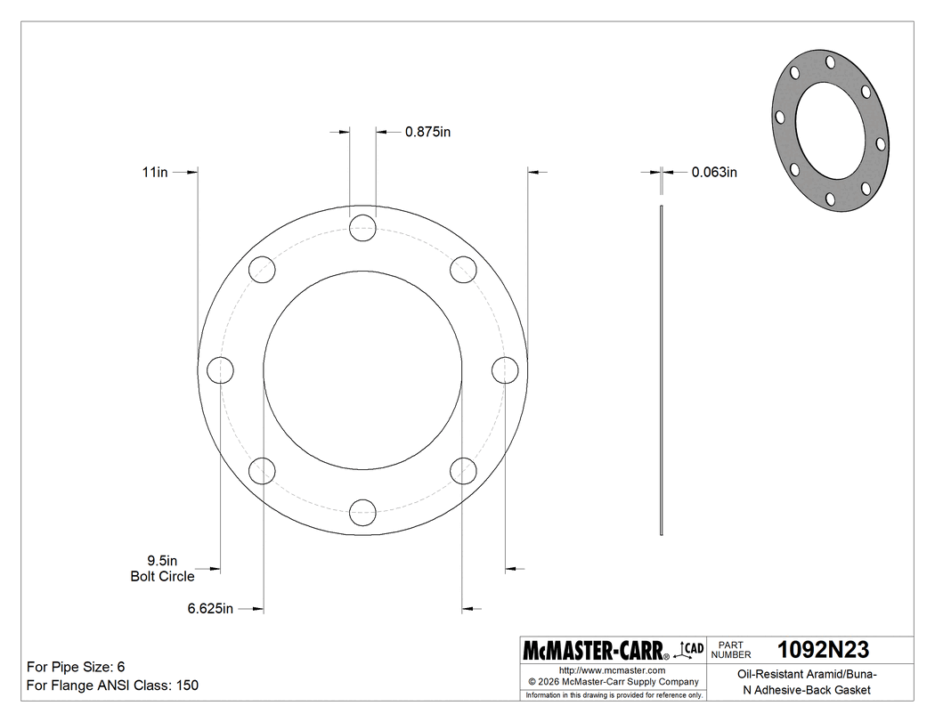 Technical Drawing of Oil-Resistant Aramid/Buna-N Adhesive-Back Gasket, with Bolt Holes, for 6 Pipe Size, ANSI Class 150.